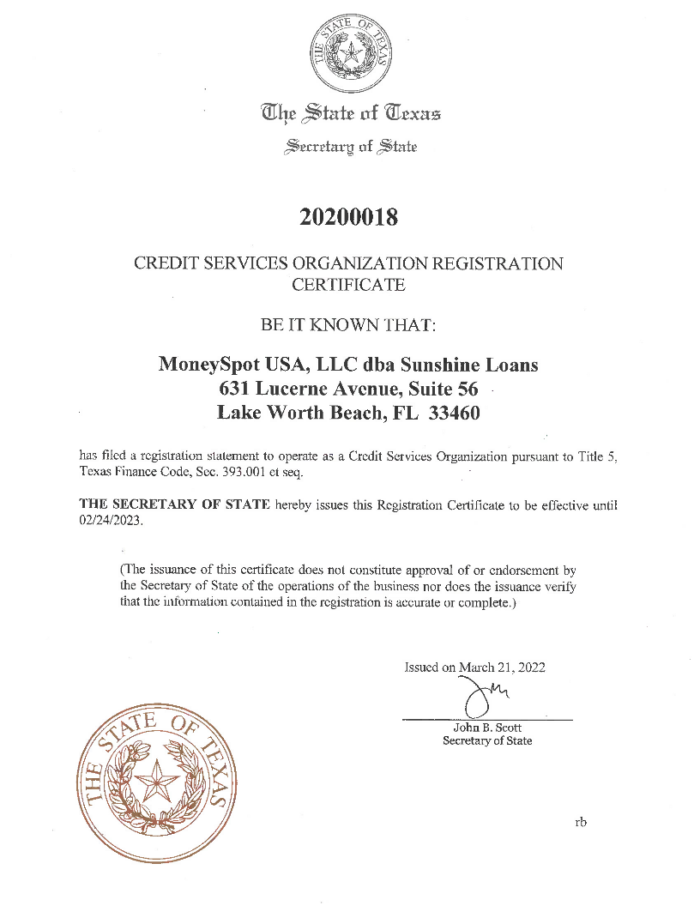 Sunshine Loans - Rates & Terms - Texas